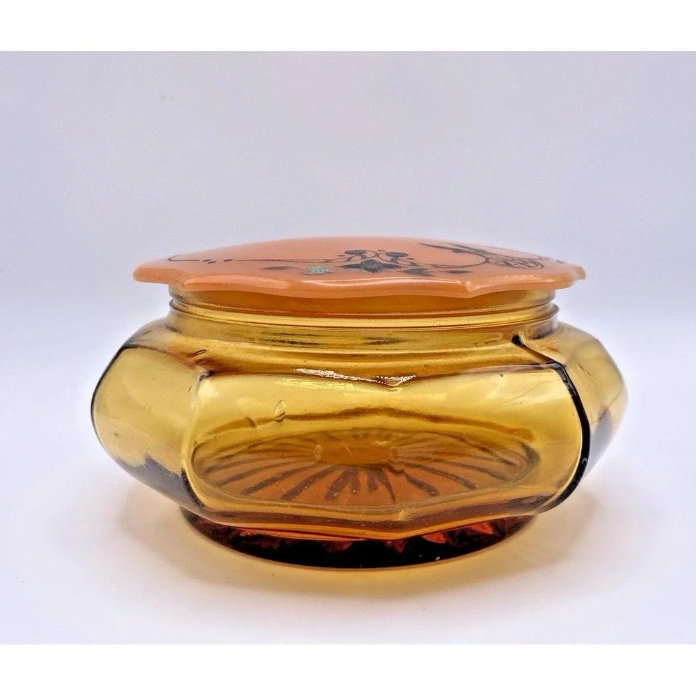 Vtg  Art Deco Glass Amber Vanity/Dresser Powder Jar Celluloid Decorative Lid